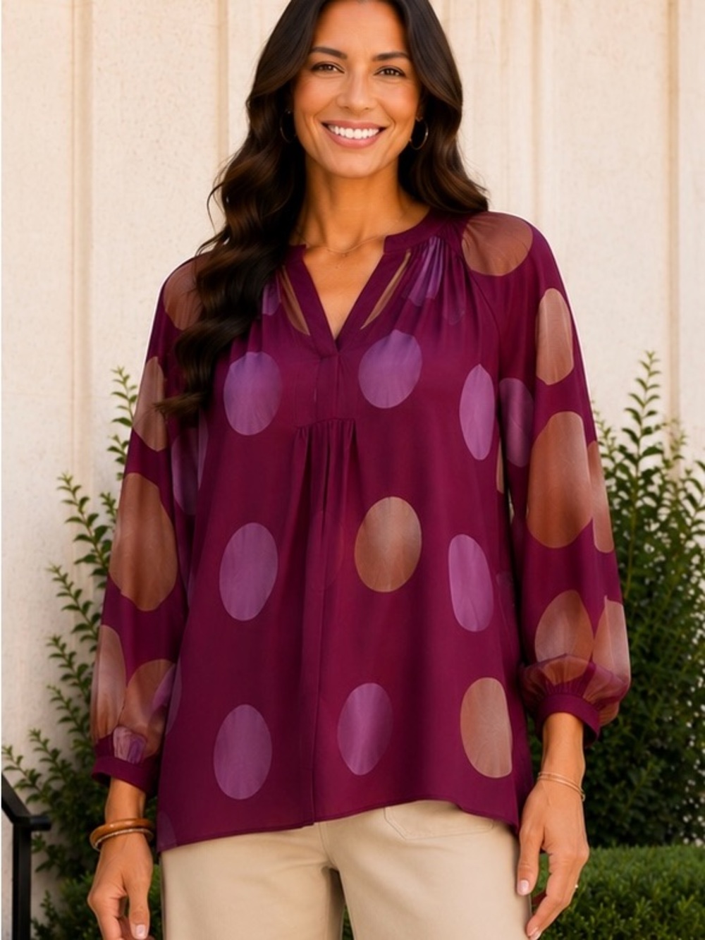Umgee Bordeaux Dot Balloon Sleeve Blouse